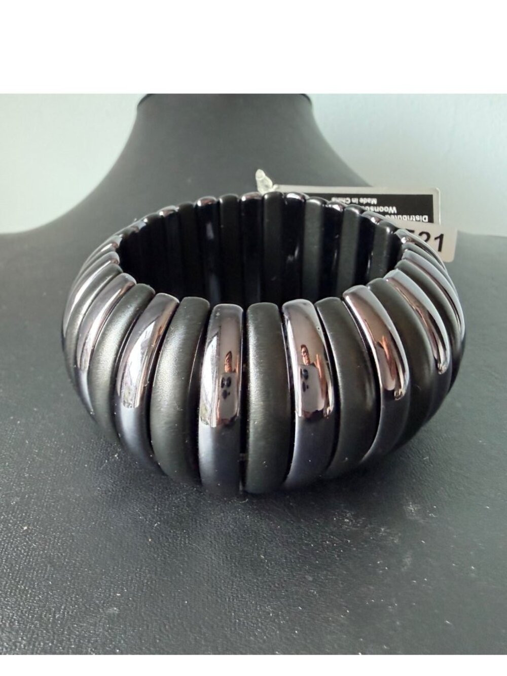 Ashlee Taylor Designer Grecian Black & Silver Stretch Bracelet Faux Metal Finish
